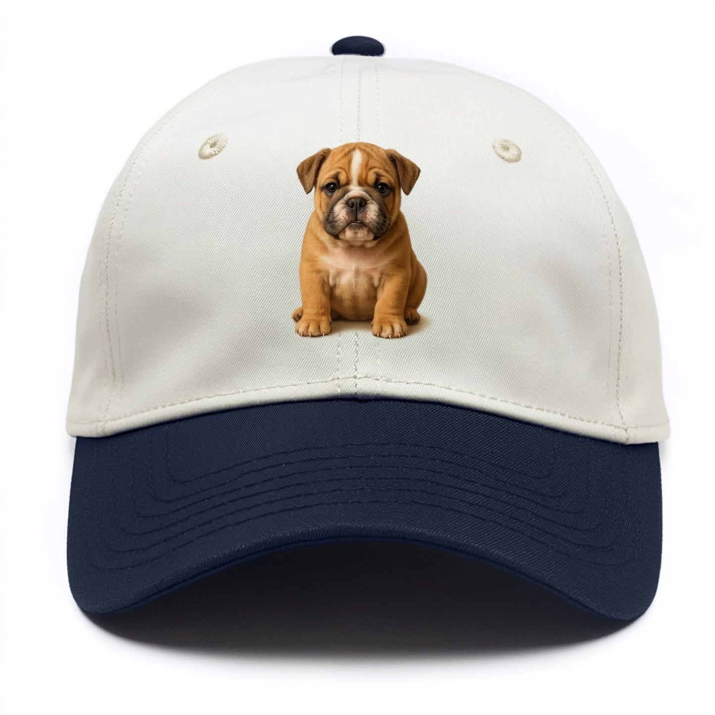 Baby Bulldog Puppy - wrinkly face, underbite, stocky body, gentle eyes, - Two Tone Cap - Navy