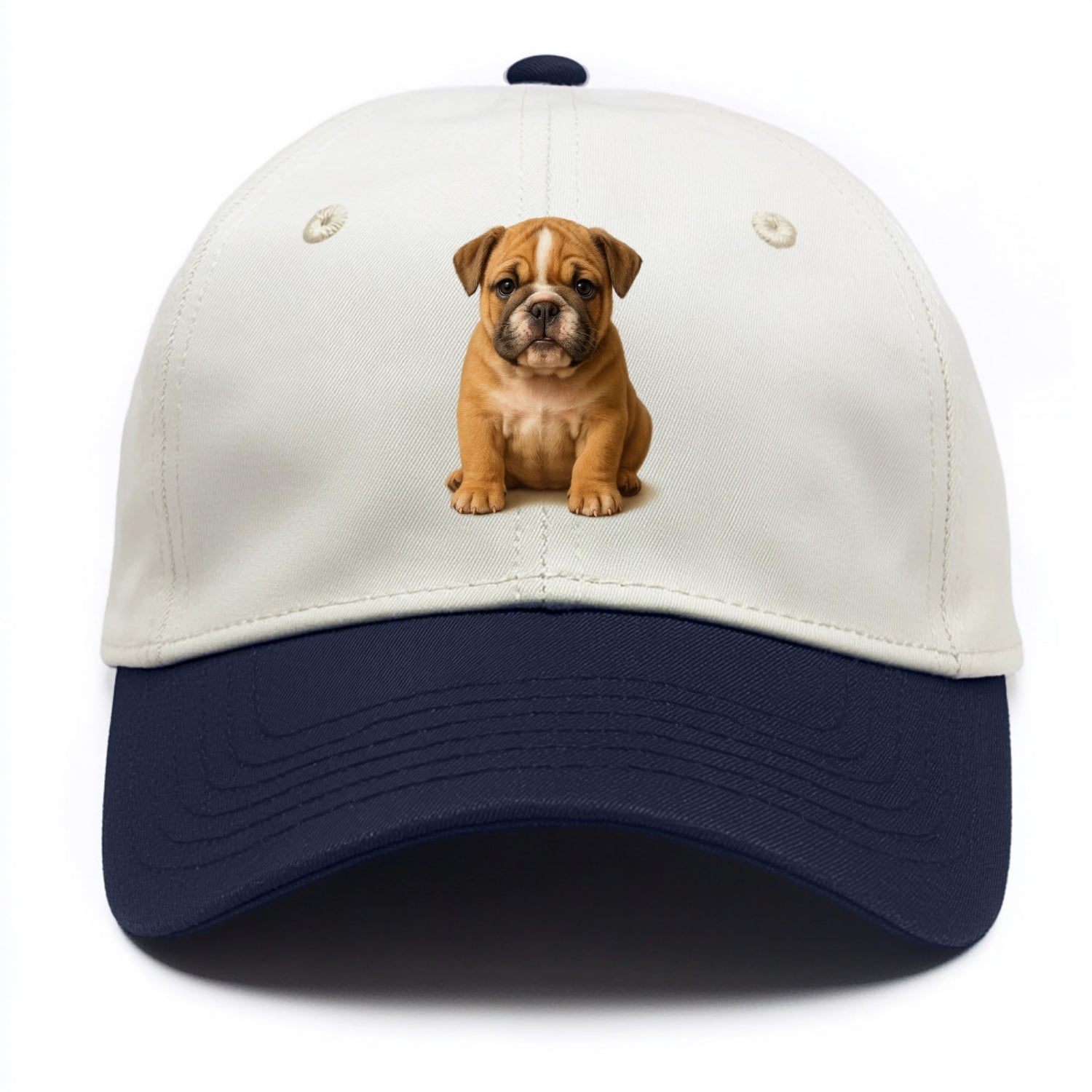 Baby Bulldog Puppy - wrinkly face, underbite, stocky body, gentle eyes, - Two Tone Cap - Navy