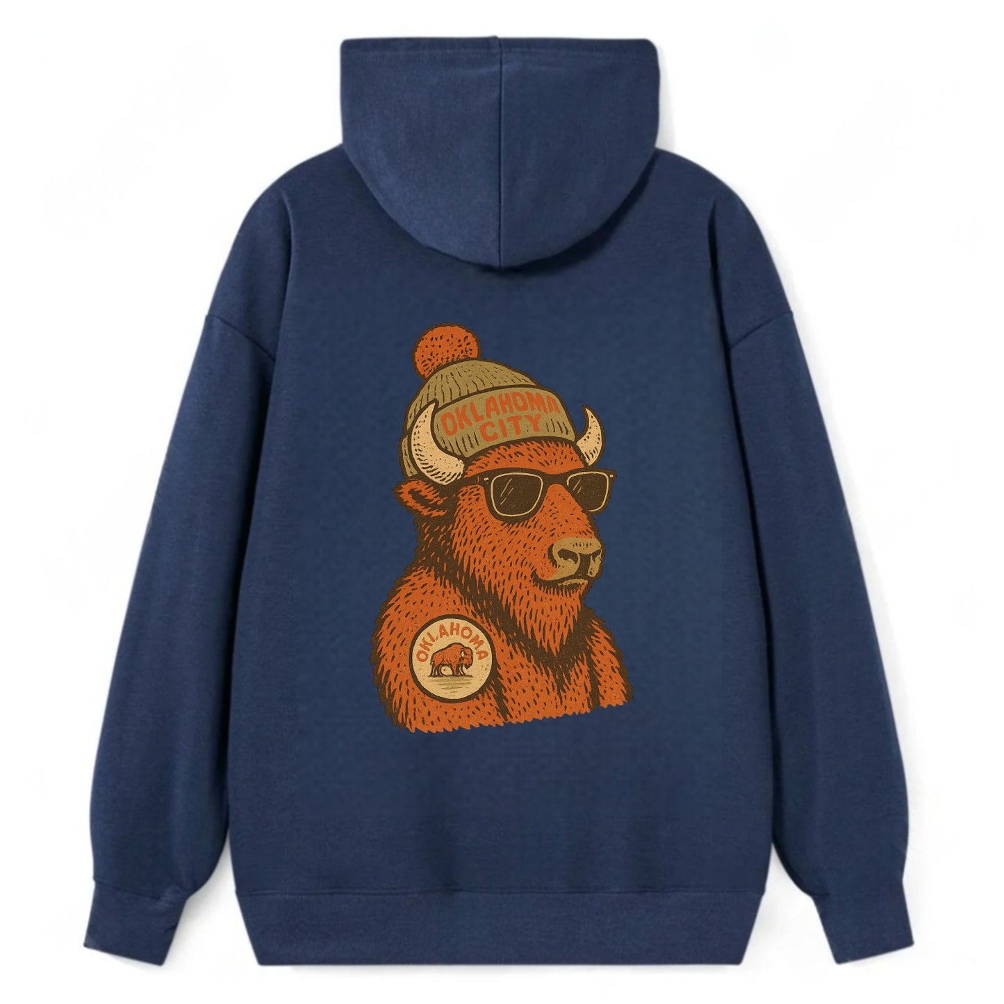 Oklahoma Buffalo wearing Oklahoma City beanie with pom pom and wayfarer - Classic Pullover Hoodie - Navy