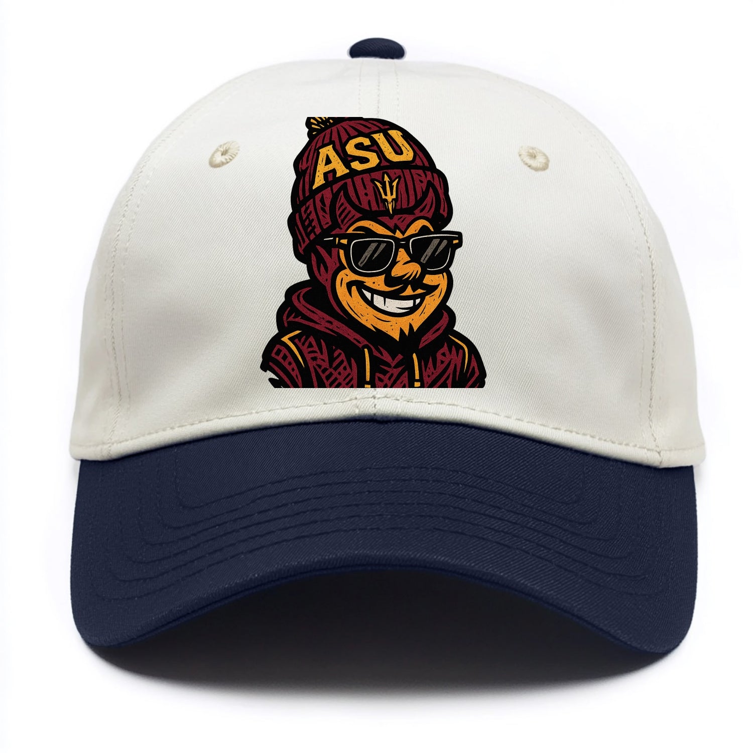 Tempe Sparky wearing Arizona State beanie with fork patch - Two Tone Cap - Navy