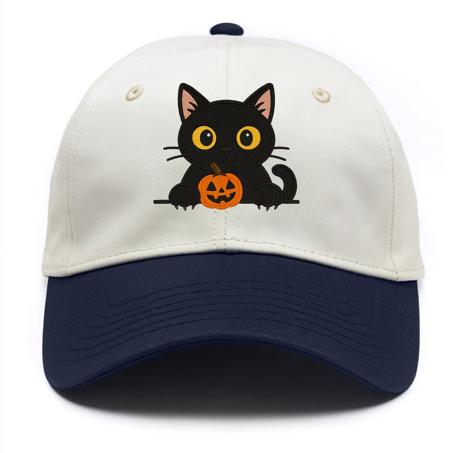 Midnight the black cat wearing round spectacles while studying the viewer. - Two Tone Cap - Navy