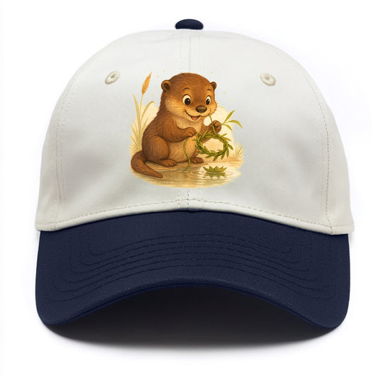 Otter weaving river reeds into a floating crown beside mirror-still water - Two Tone Cap - Navy