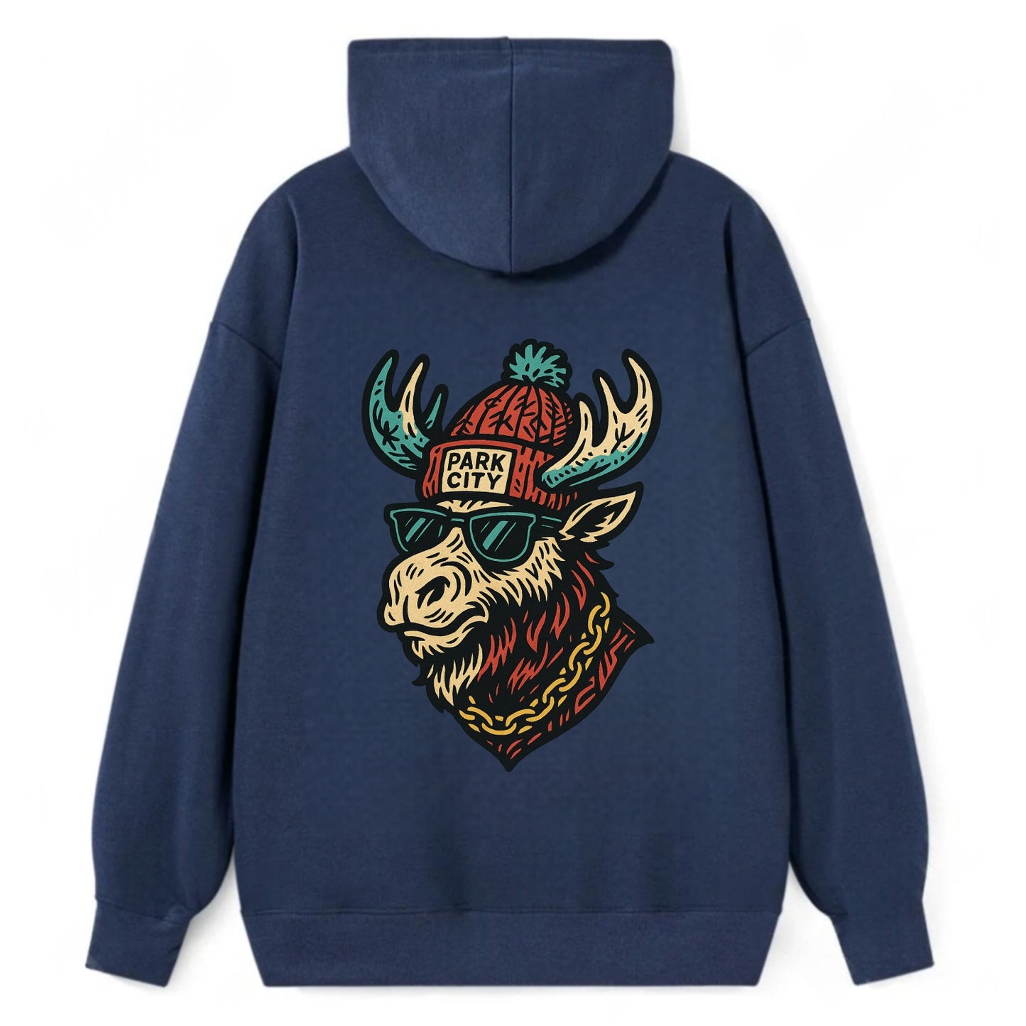 Park City Moose wearing Park City beanie with pom pom and wayfarer - Classic Pullover Hoodie - Navy
