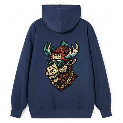 Park City Moose wearing Park City beanie with pom pom and wayfarer - Classic Pullover Hoodie - Navy