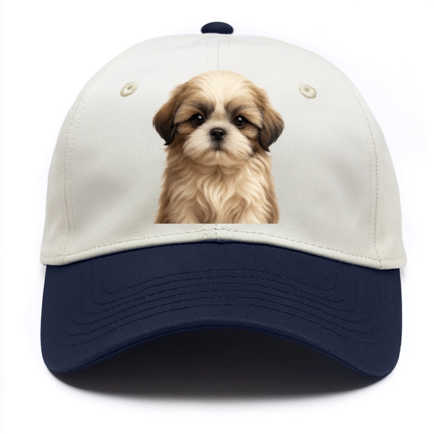 Baby Shih Tzu Puppy - long flowing coat, flat face, big dark eyes, front-facing, - Two Tone Cap - Navy