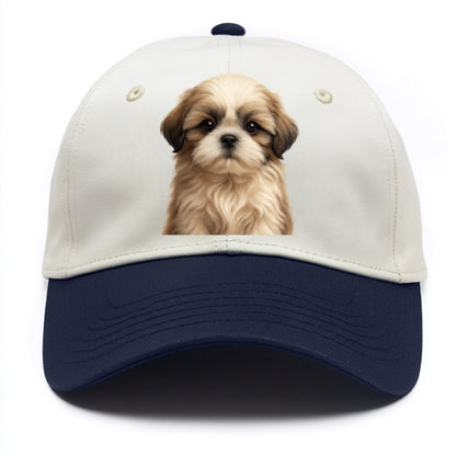 Baby Shih Tzu Puppy - long flowing coat, flat face, big dark eyes, front-facing, - Two Tone Cap - Navy