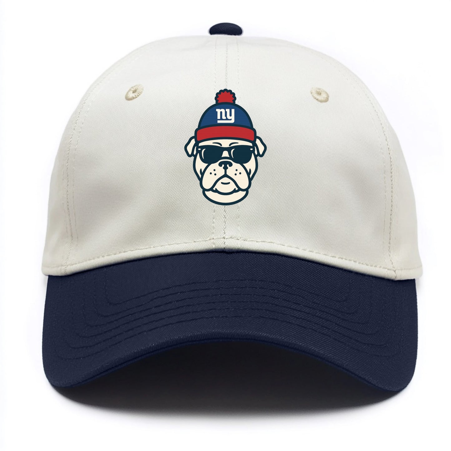 New York Bulldog wearing Giants blue and red beanie with pom pom and wayfarer - Two Tone Cap - Navy
