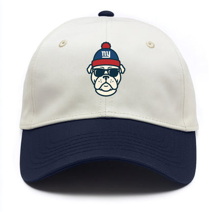 New York Bulldog wearing Giants blue and red beanie with pom pom and wayfarer - Two Tone Cap - Navy