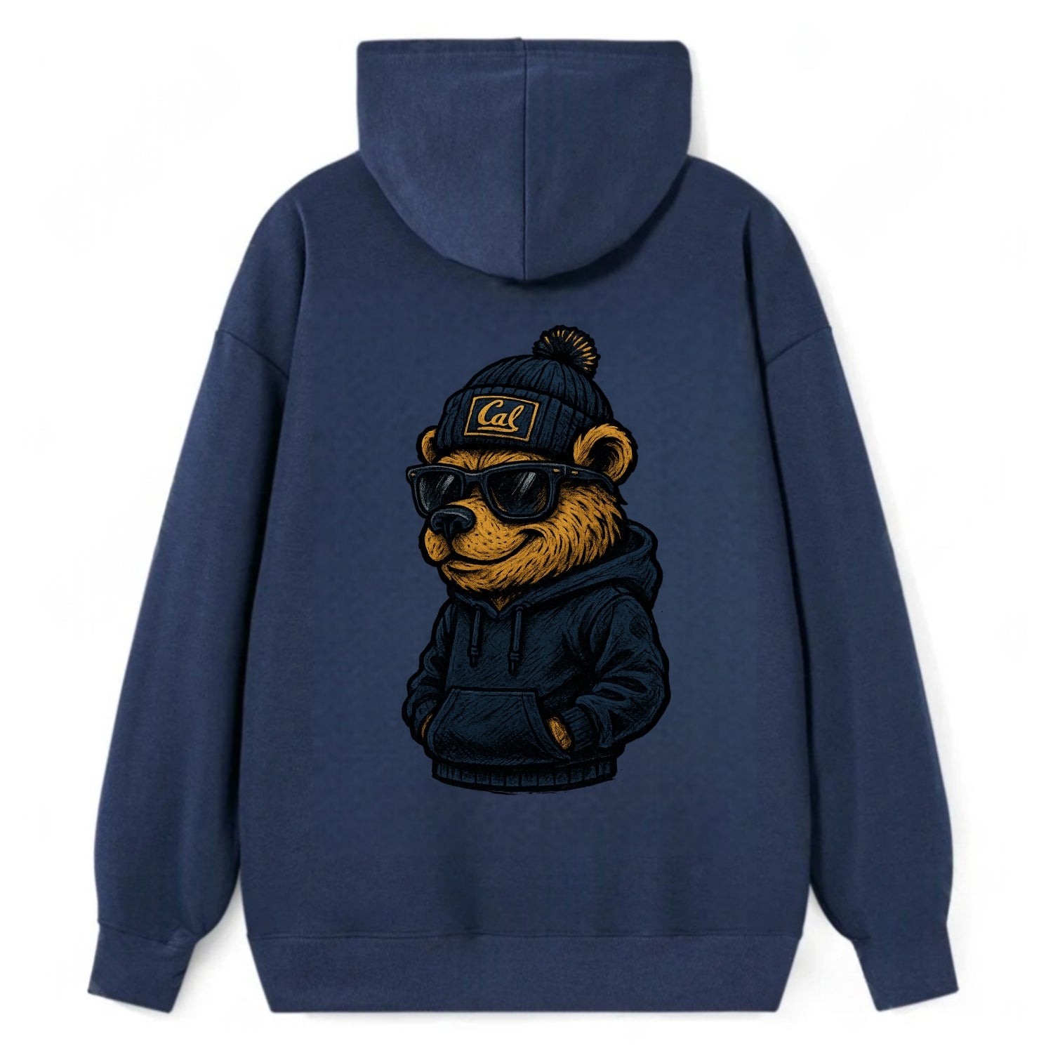 Berkeley Bear wearing Cal beanie with script patch - Classic Pullover Hoodie - Navy