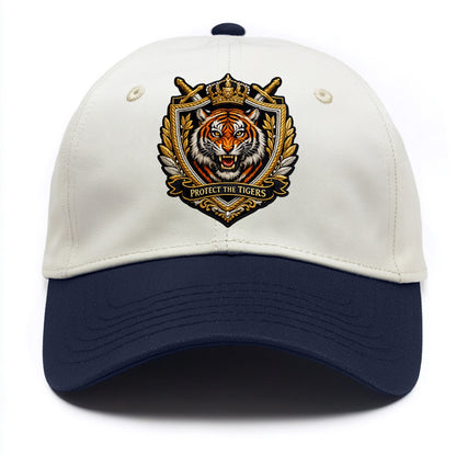 PROTECT THE TIGERS - tiger with shield in orange , big cat conservation - Two Tone Cap - Navy