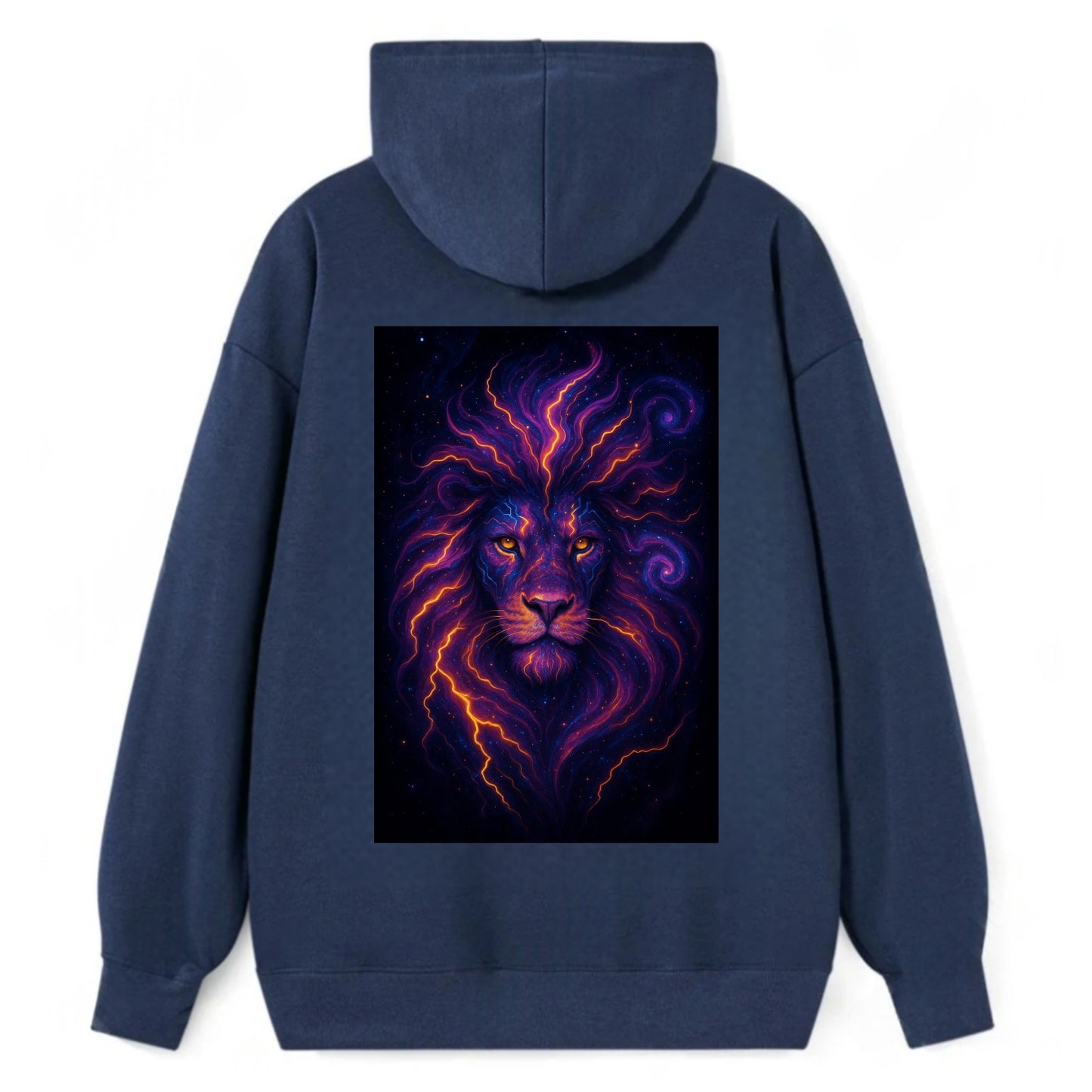 Regal lion with mane made of electric currents, neon yellow and hot pink - Classic Pullover Hoodie - Navy