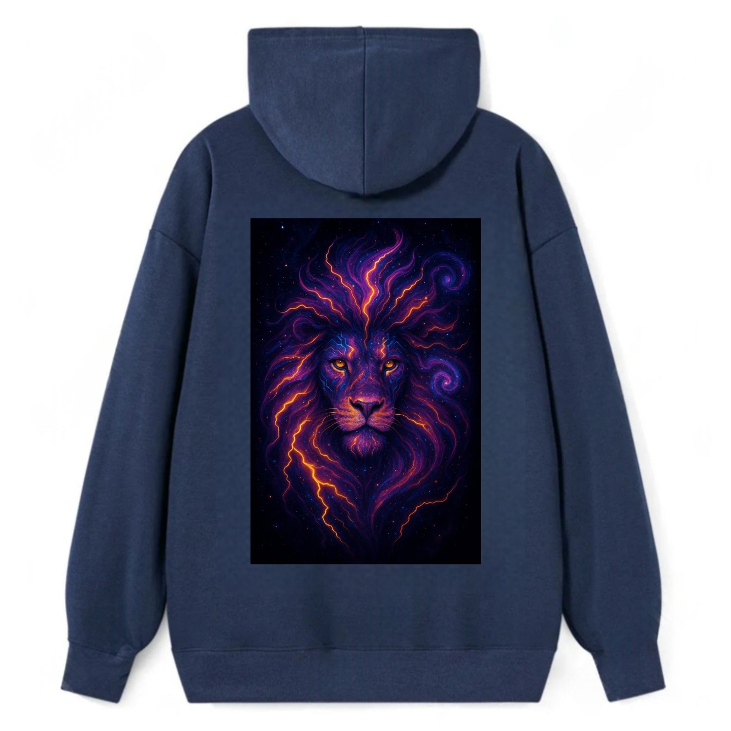 Regal lion with mane made of electric currents, neon yellow and hot pink - Classic Pullover Hoodie - Navy