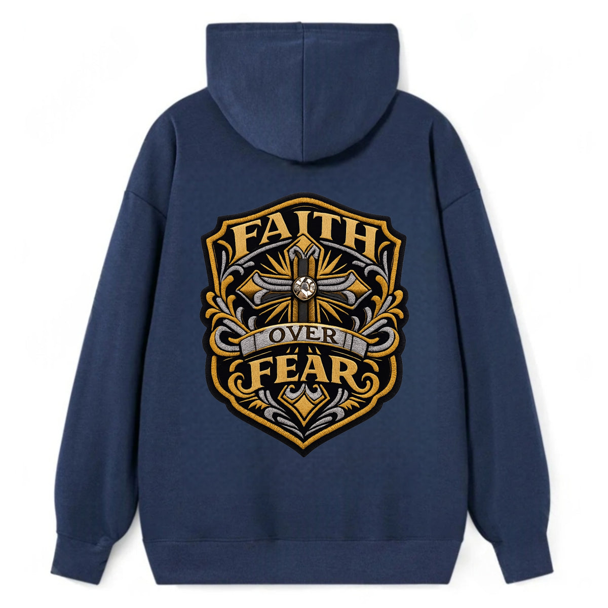 FAITH OVER FEAR - cross with text in gold , spiritual strength - Classic Pullover Hoodie - Navy