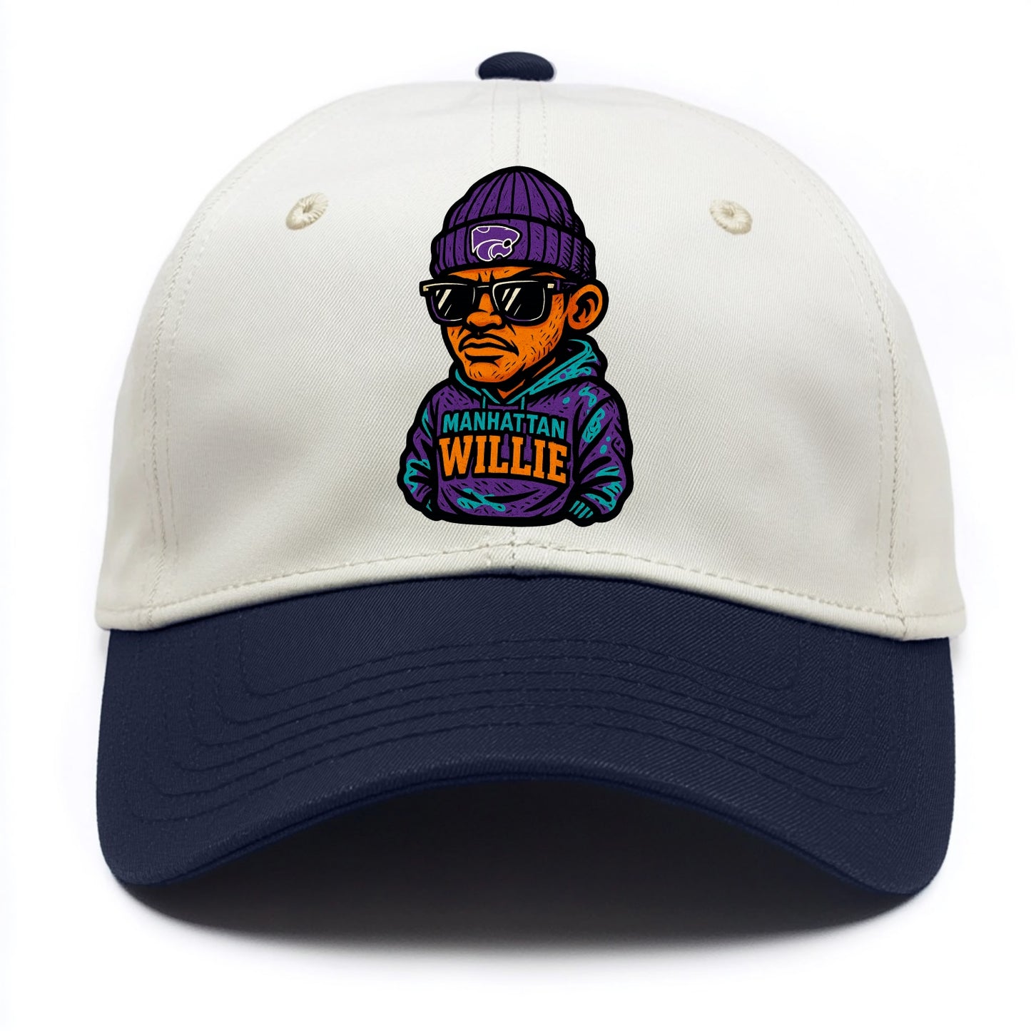 Manhattan Willie wearing Kansas State beanie with powercat patch - Two Tone Cap - Navy
