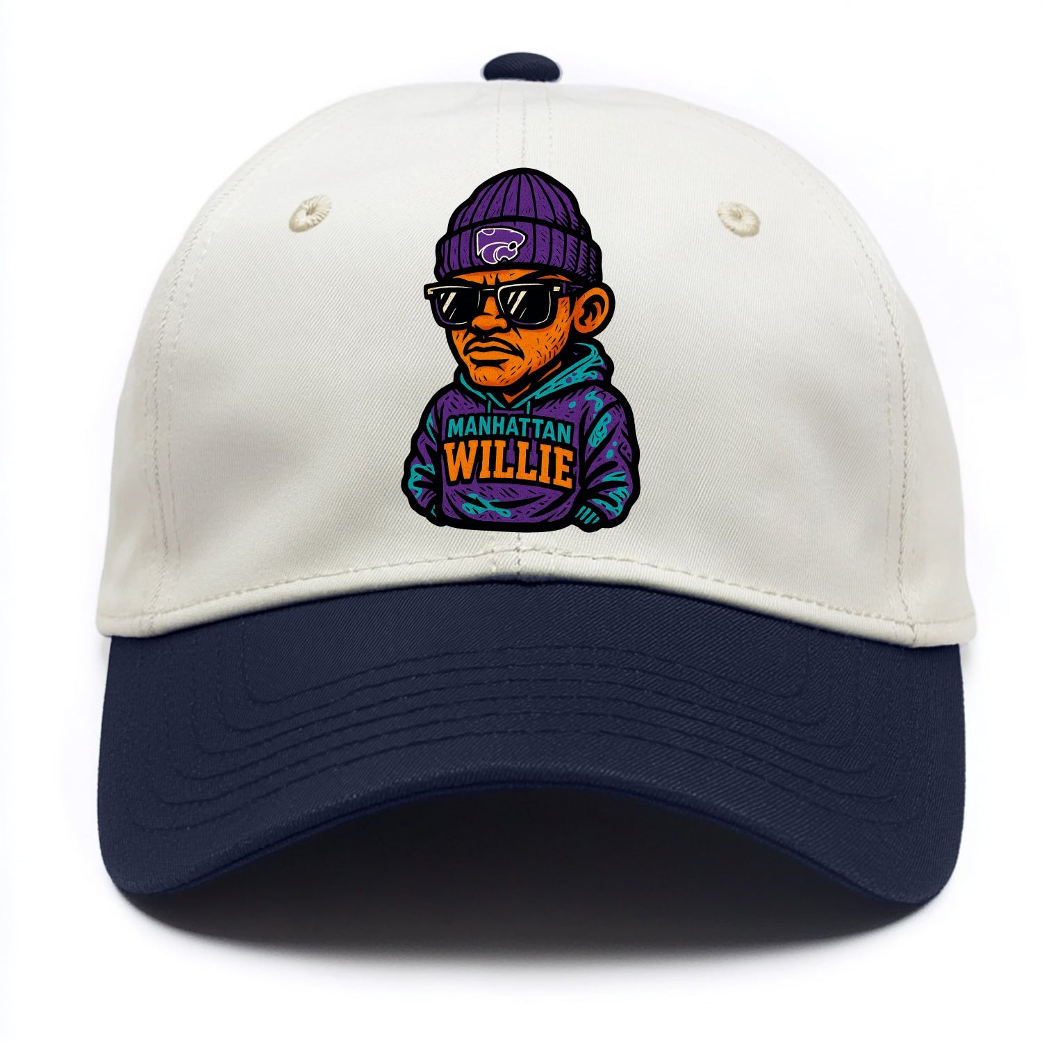 Manhattan Willie wearing Kansas State beanie with powercat patch - Two Tone Cap - Navy