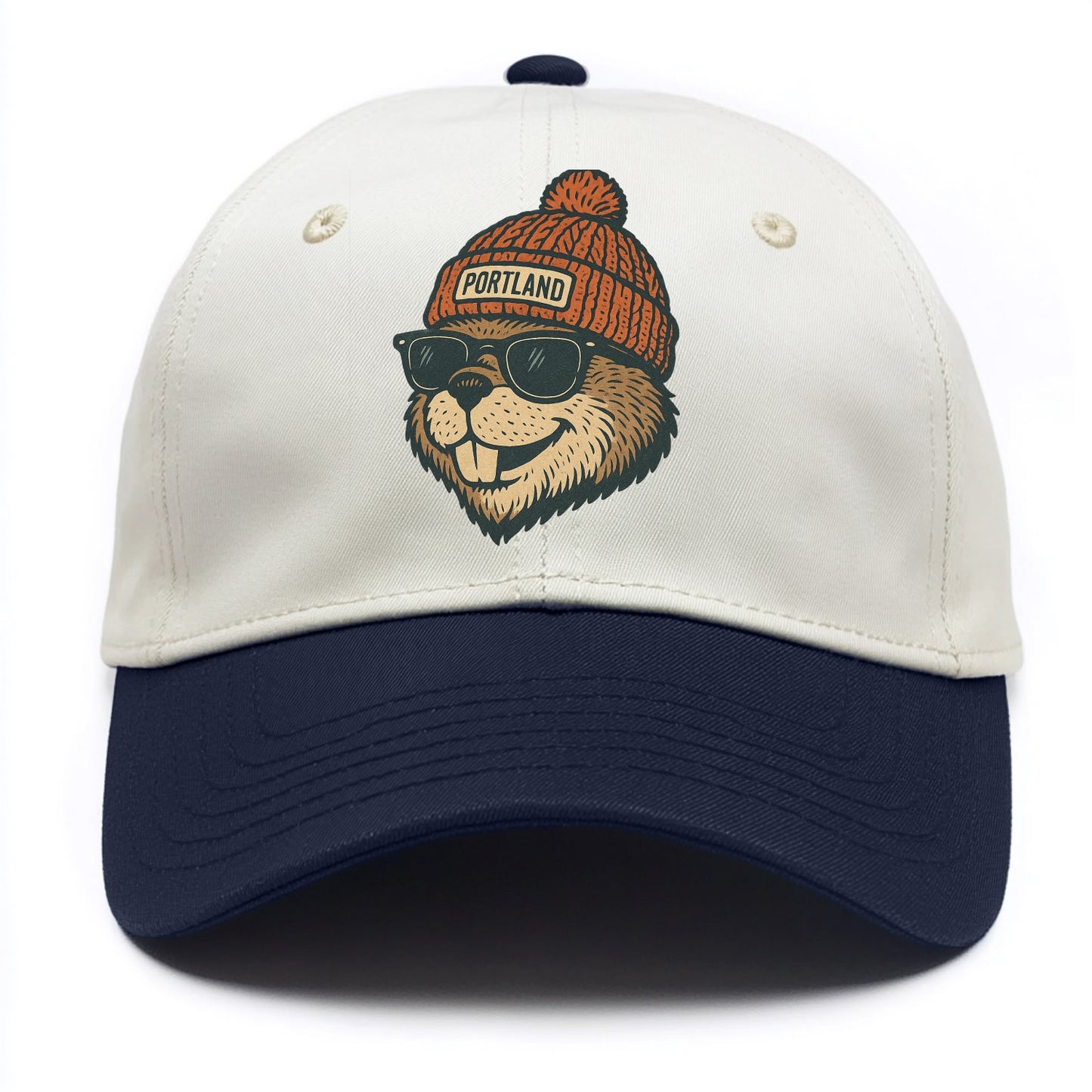 Oregon Beaver wearing Portland beanie with pom pom and wayfarer sunglasses - Two Tone Cap - Navy