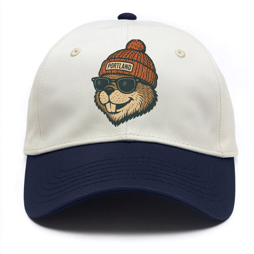 Oregon Beaver wearing Portland beanie with pom pom and wayfarer sunglasses - Two Tone Cap
