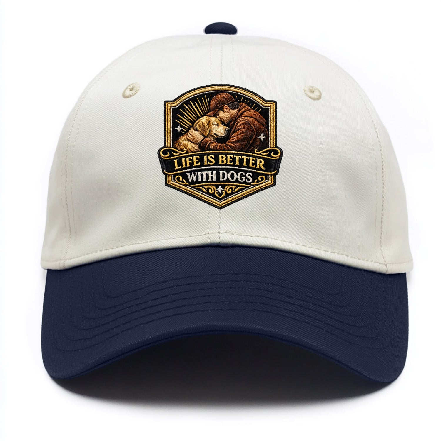 LIFE IS BETTER WITH DOGS - dog and human in brown , dog lover - Two Tone Cap - Navy
