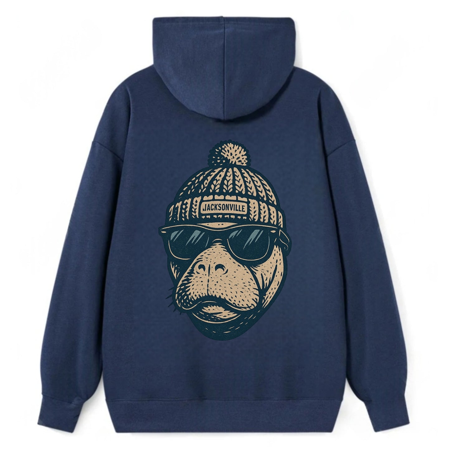 Jacksonville Manatee wearing Jacksonville beanie with pom pom and - Classic Pullover Hoodie - Navy