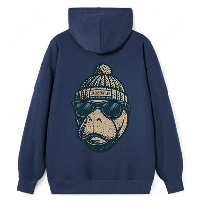 Jacksonville Manatee wearing Jacksonville beanie with pom pom and - Classic Pullover Hoodie - Navy