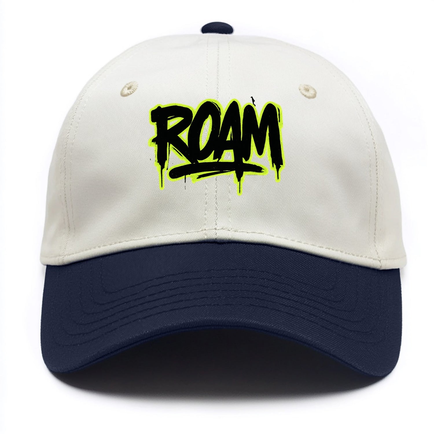 Bold typography design - "ROAM" - wander freely, no destination needed - Two Tone Cap - Navy