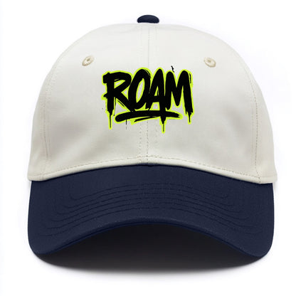 Bold typography design - "ROAM" - wander freely, no destination needed - Two Tone Cap - Navy
