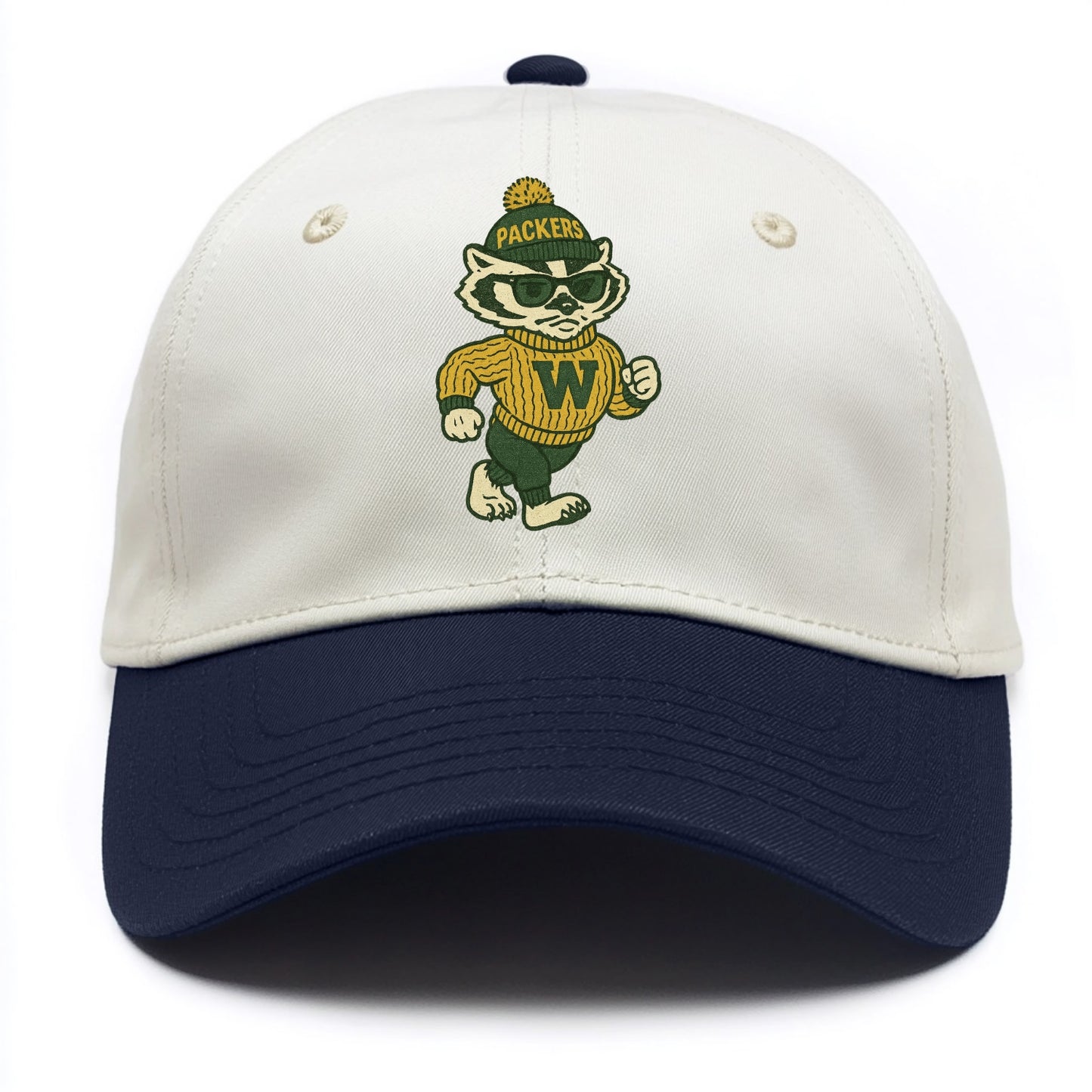 Wisconsin Badger wearing Packers green and gold beanie with pom pom and wayfarer - Two Tone Cap - Navy