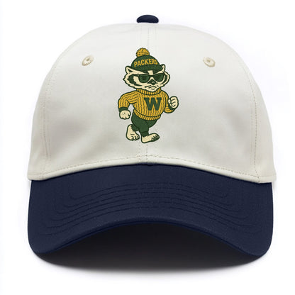 Wisconsin Badger wearing Packers green and gold beanie with pom pom and wayfarer - Two Tone Cap - Navy