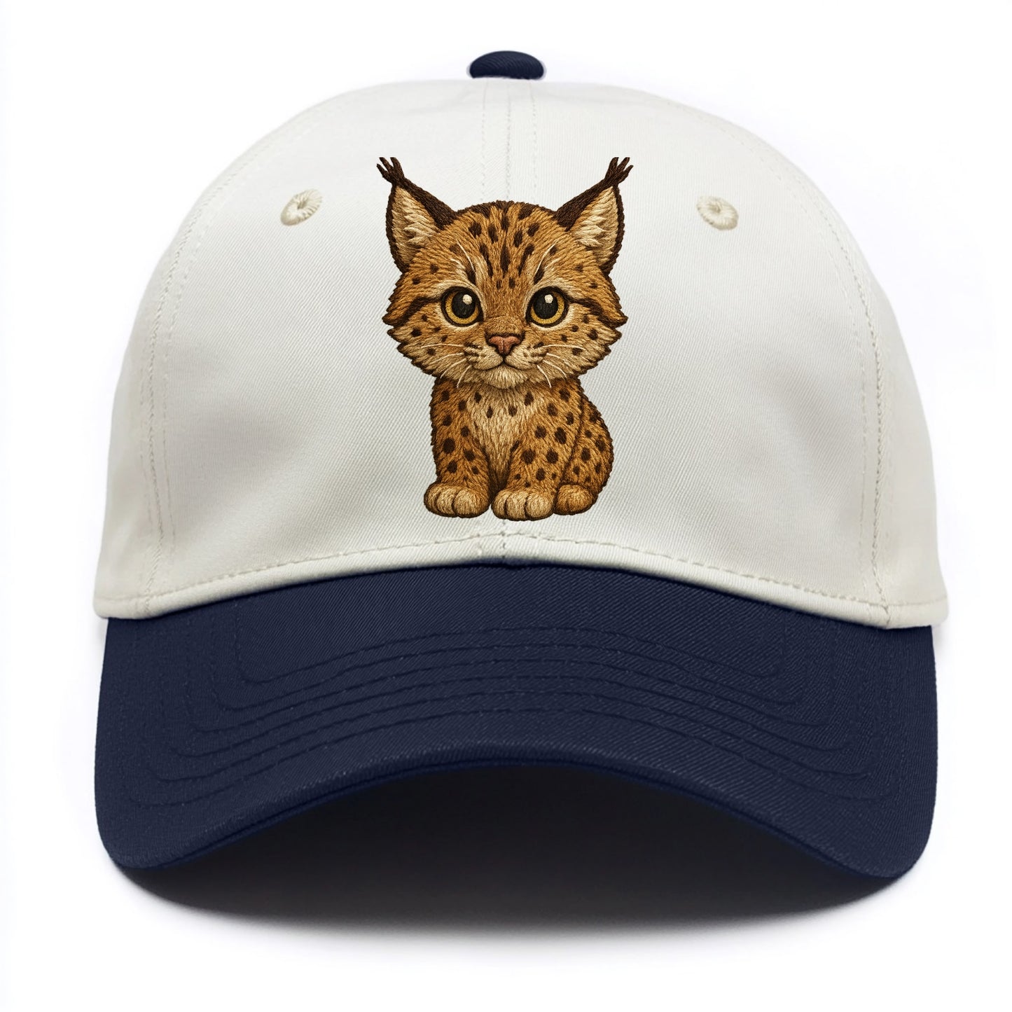 Baby Lynx Cub - tufted ears, spotted fur, golden eyes, front-facing, wild baby - Two Tone Cap - Navy