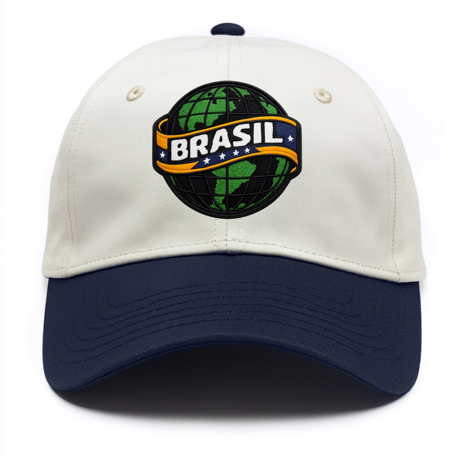 BRAZILIAN FLAG GLOBE - green globe with banner in green yellow blue , Brasil - Two Tone Cap - Navy