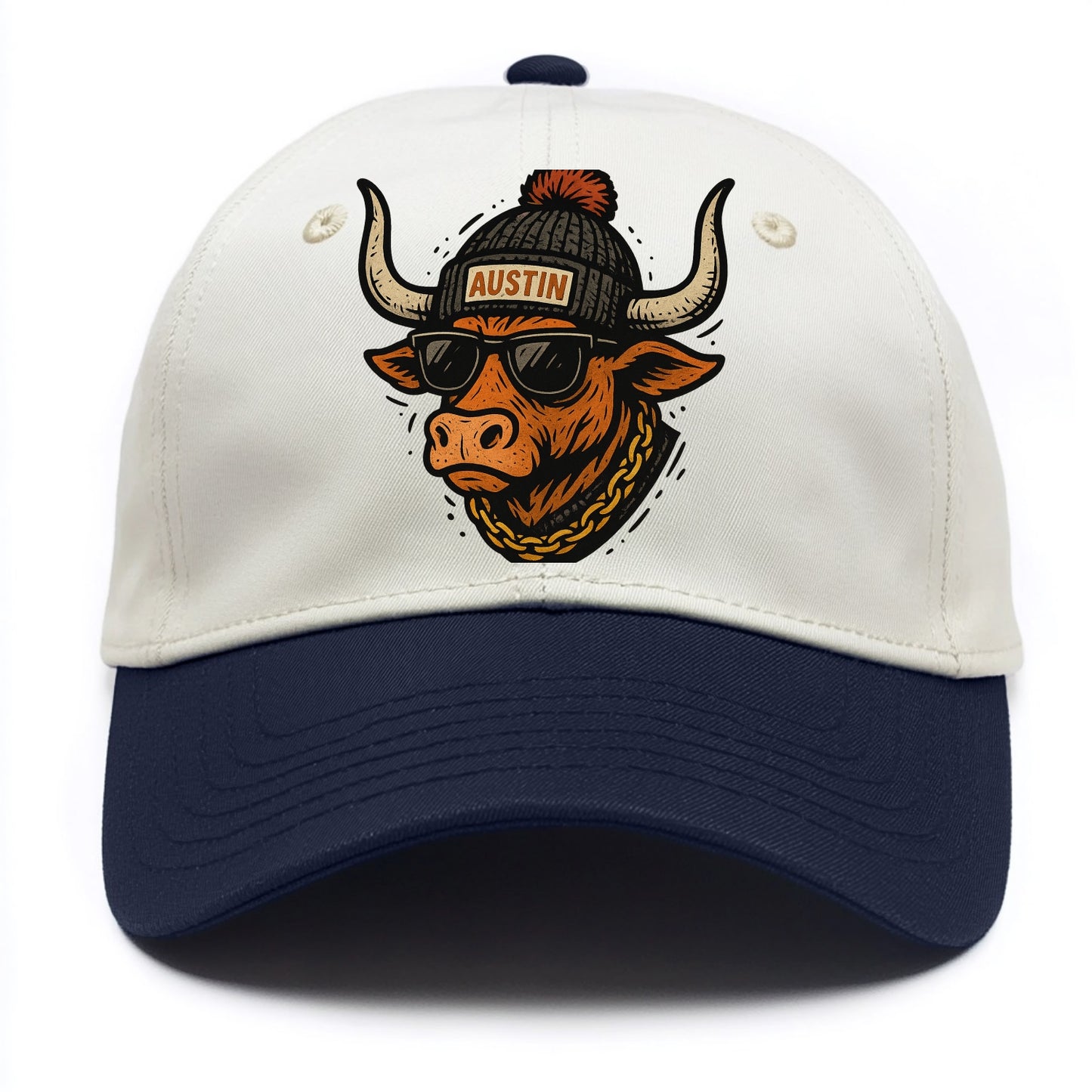 Texas Longhorn wearing Austin beanie with pom pom and wayfarer sunglasses - Two Tone Cap - Navy
