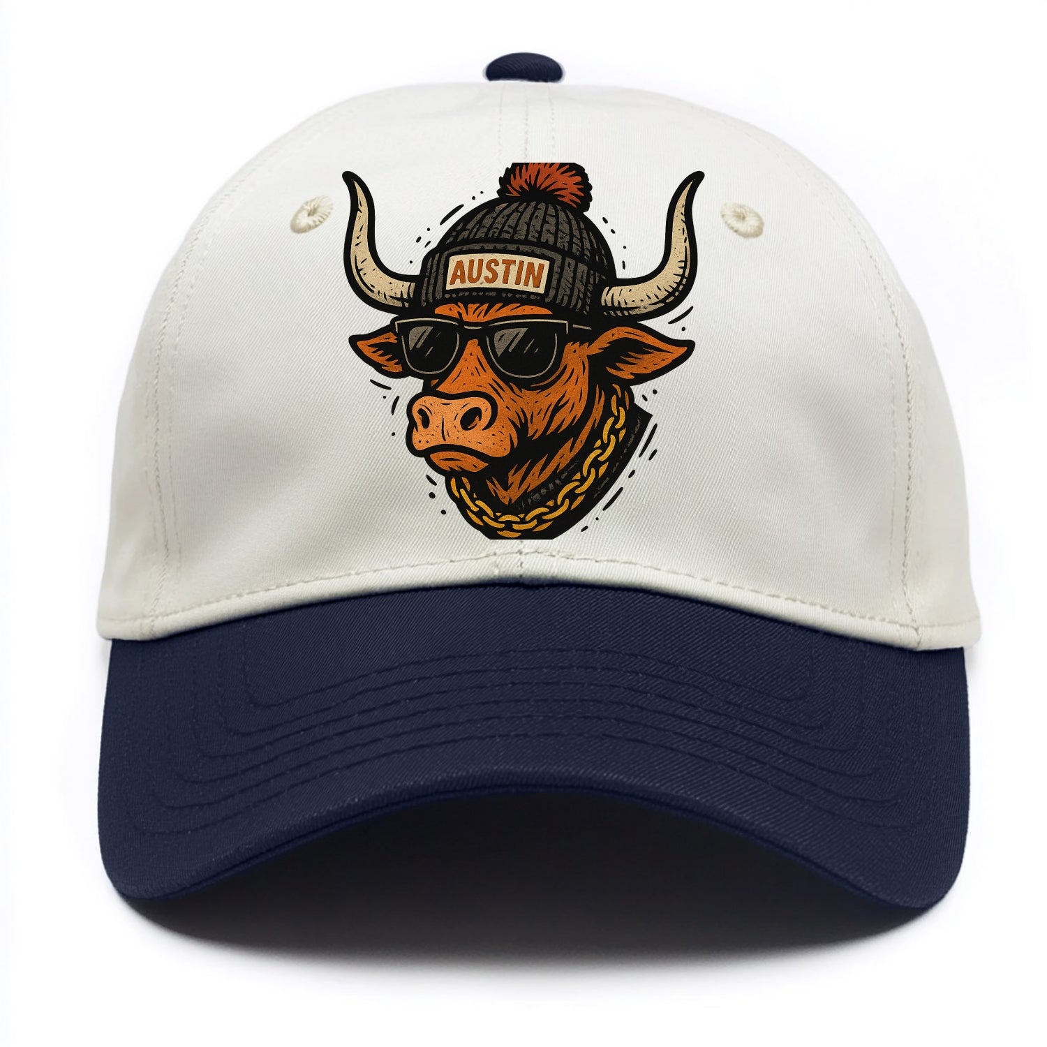 Texas Longhorn wearing Austin beanie with pom pom and wayfarer sunglasses - Two Tone Cap - Navy
