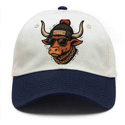 Texas Longhorn wearing Austin beanie with pom pom and wayfarer sunglasses - Two Tone Cap - Navy