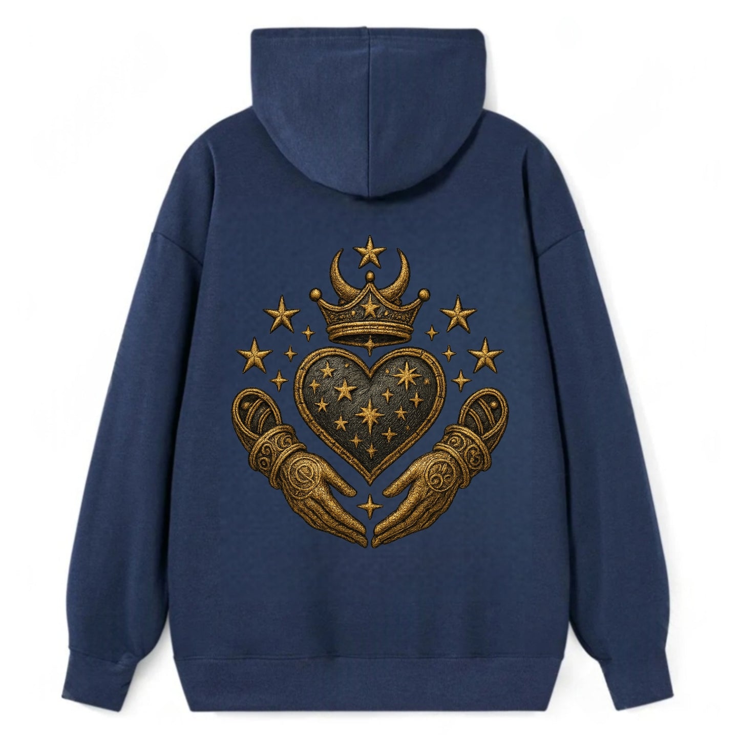 Weathered antique brass crown above a hammered gunmetal heart framed by - Classic Pullover Hoodie - Navy
