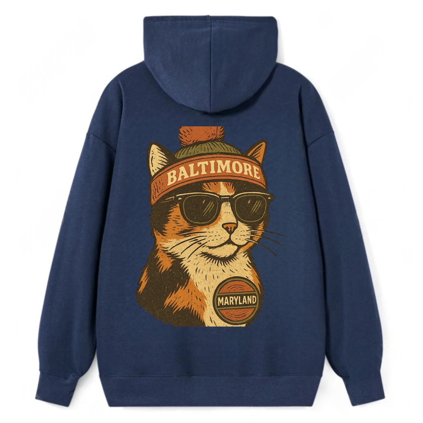 Maryland Calico Cat wearing Baltimore beanie with pom pom and wayfarer - Classic Pullover Hoodie - Navy