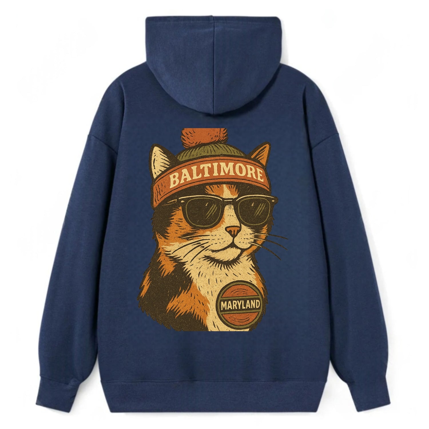 Maryland Calico Cat wearing Baltimore beanie with pom pom and wayfarer - Classic Pullover Hoodie - Navy