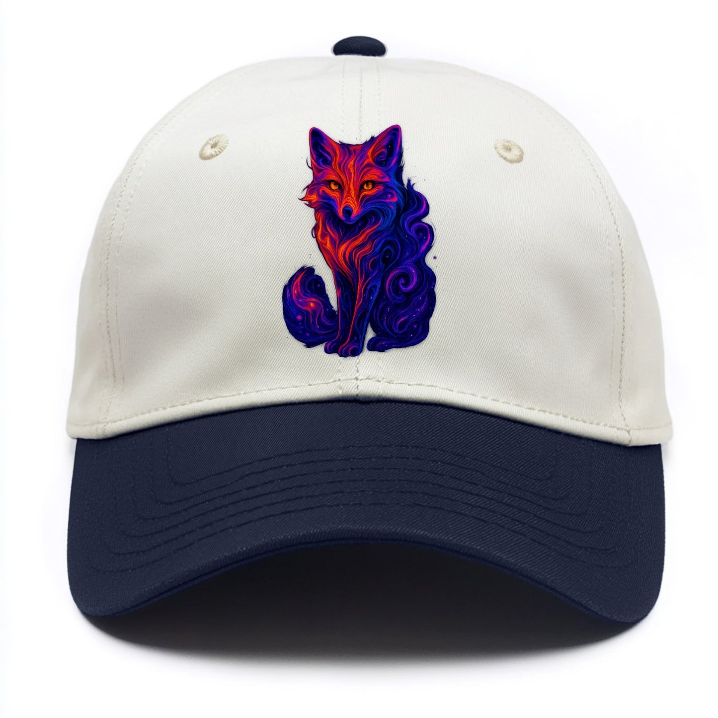 Clever fox with tail dissolving into cosmic nebula swirls, orange to purple gradient - Two Tone Cap - Navy