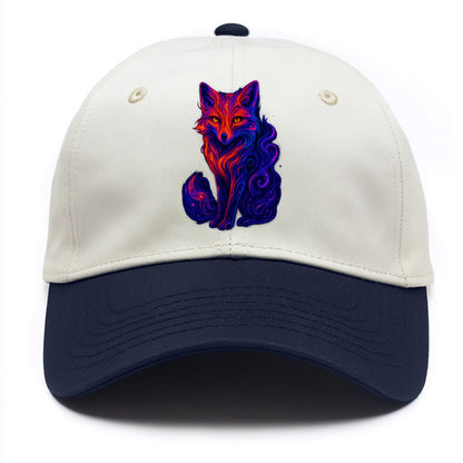Clever fox with tail dissolving into cosmic nebula swirls, orange to purple gradient - Two Tone Cap - Navy