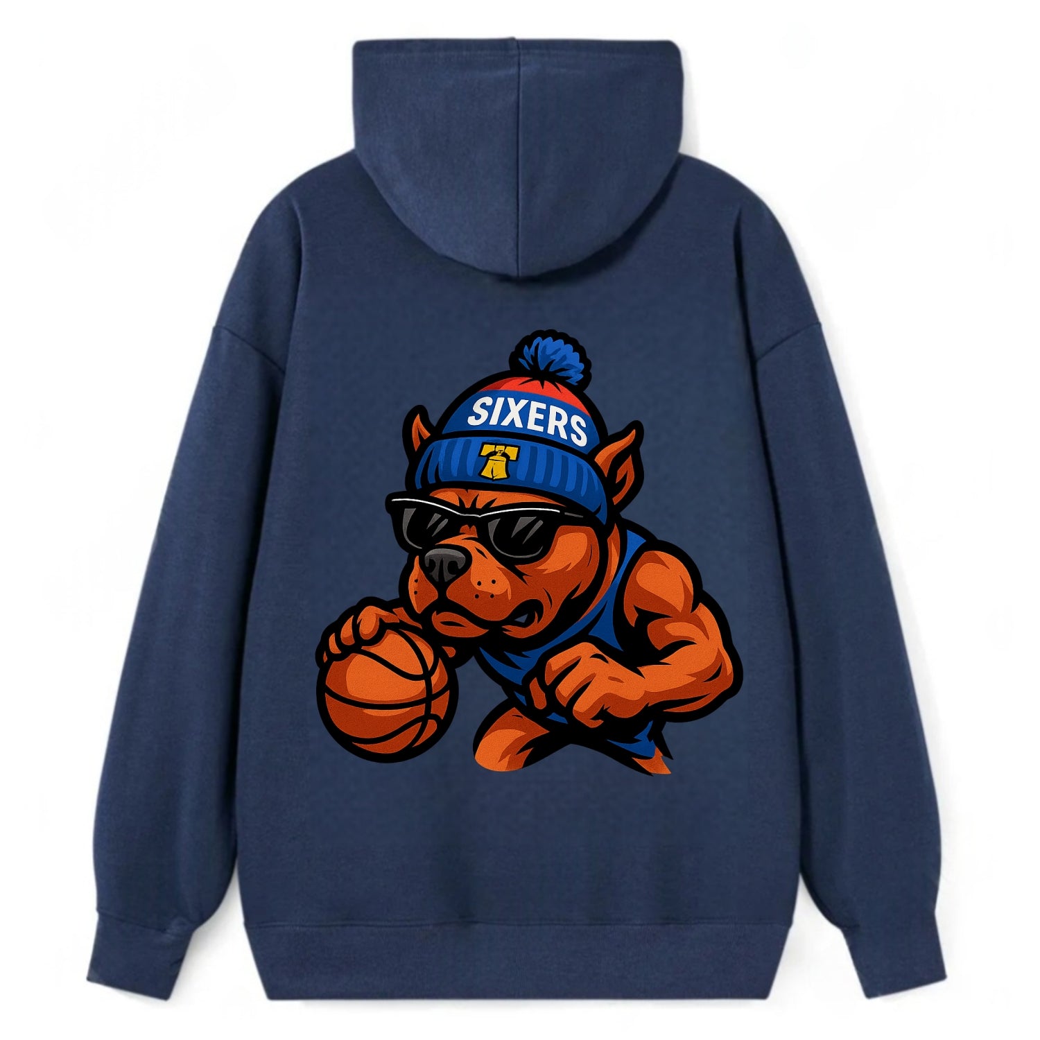 Philly Pitbull wearing Sixers beanie with Liberty Bell and wayfarer - Classic Pullover Hoodie - Navy