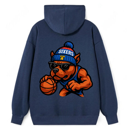 Philly Pitbull wearing Sixers beanie with Liberty Bell and wayfarer - Classic Pullover Hoodie - Navy