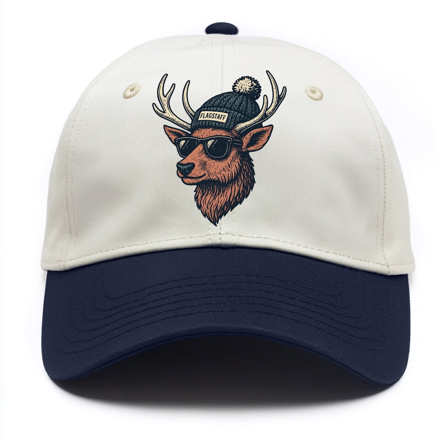 Flagstaff Elk wearing Flagstaff beanie with pom pom and wayfarer sunglasses - Two Tone Cap - Navy