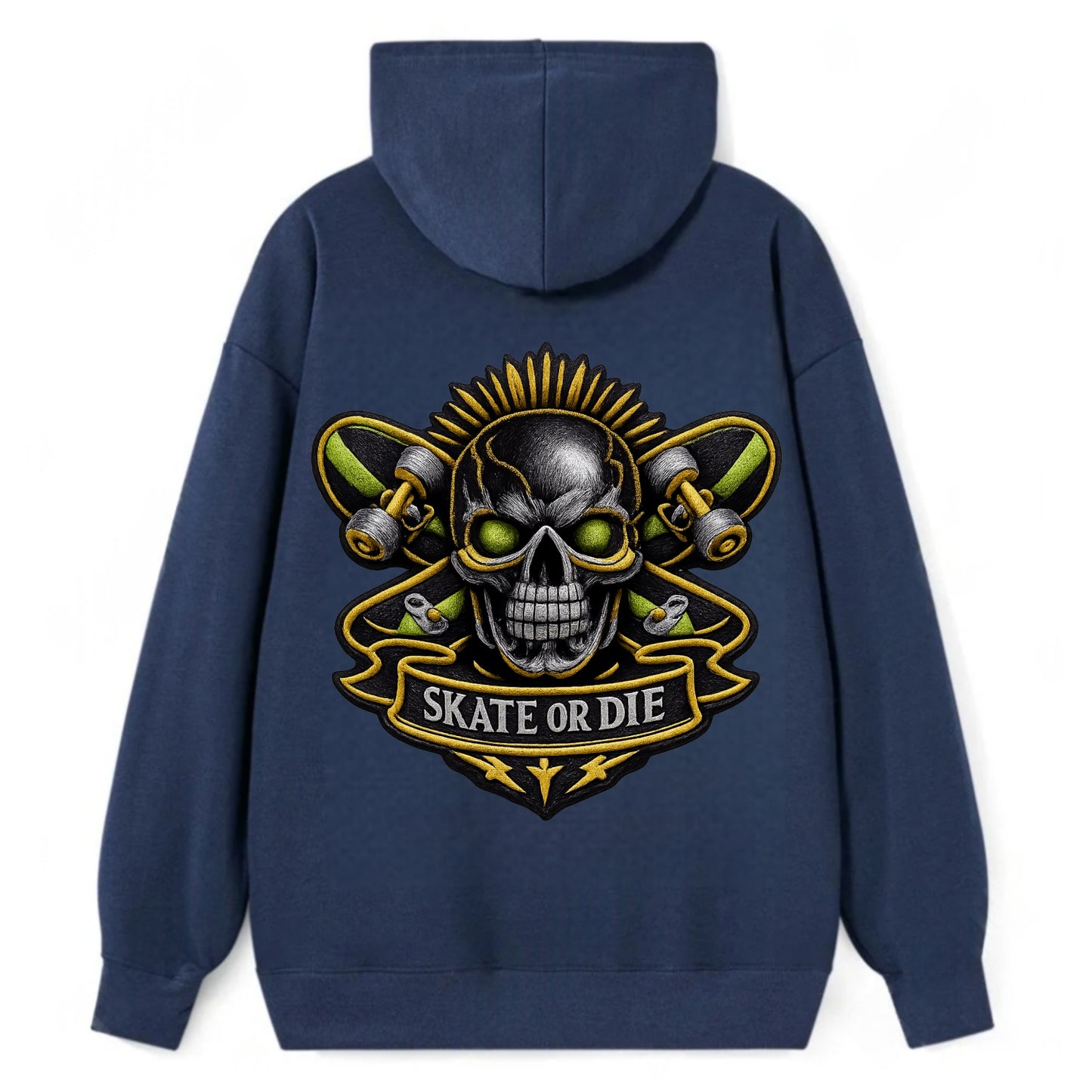 SKATEBOARD SKULL - skull with skateboard in black and neon green , - Classic Pullover Hoodie - Navy
