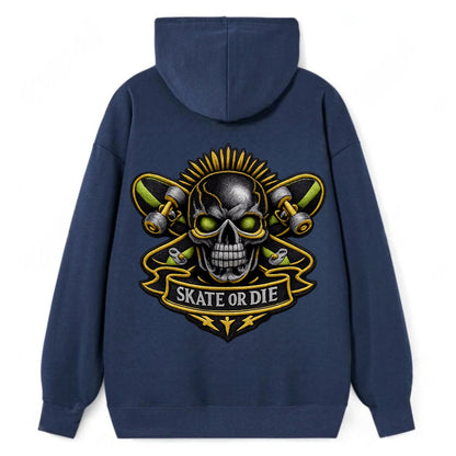 SKATEBOARD SKULL - skull with skateboard in black and neon green , - Classic Pullover Hoodie - Navy