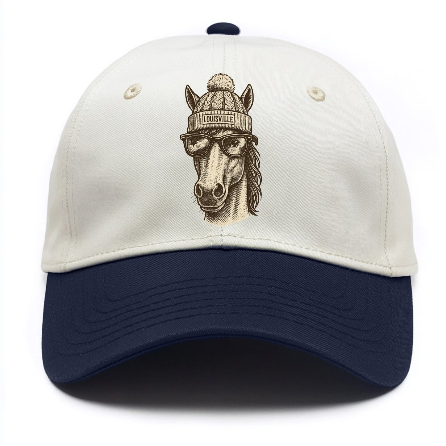 Kentucky Thoroughbred Horse wearing Louisville beanie with pom pom and wayfarer - Two Tone Cap - Navy