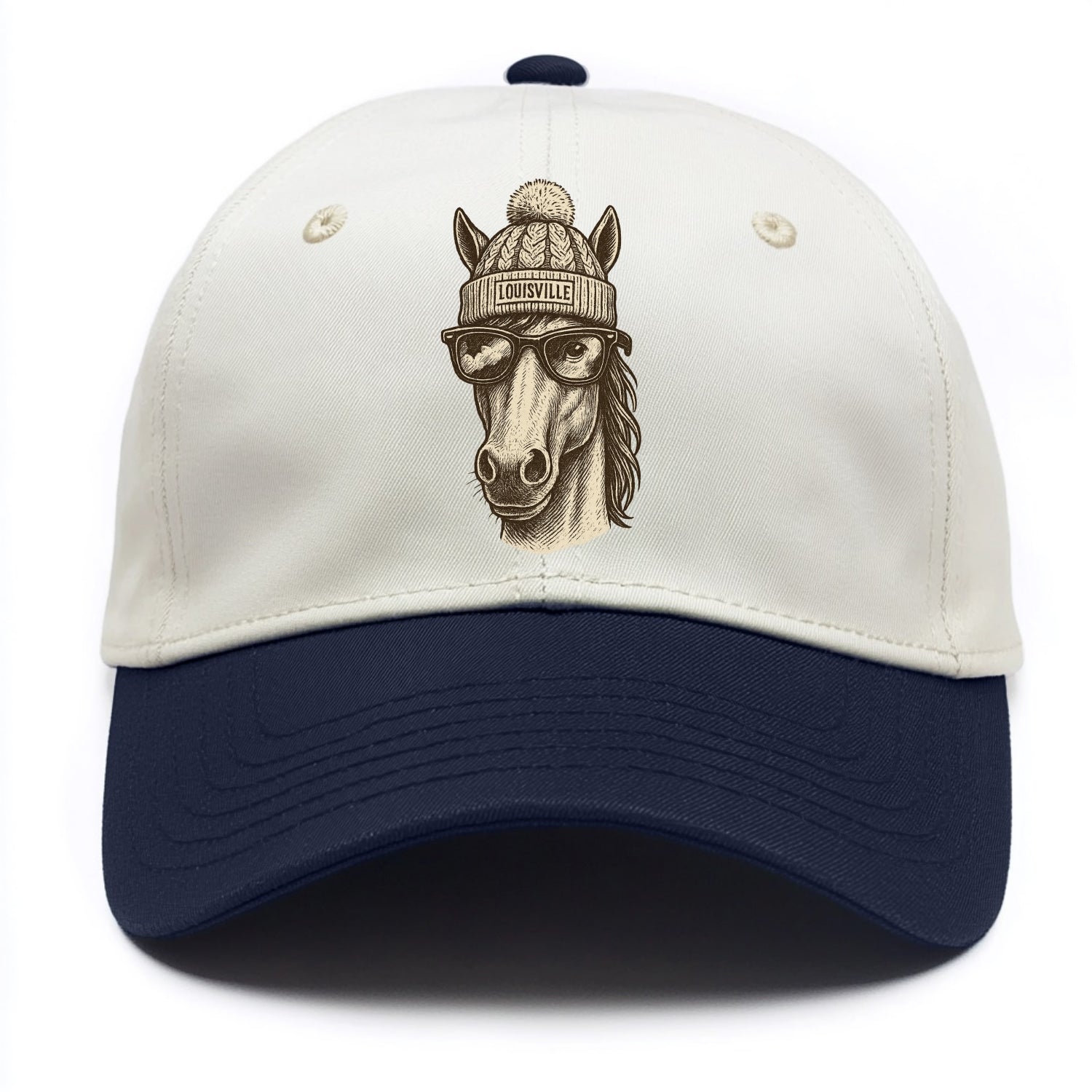 Kentucky Thoroughbred Horse wearing Louisville beanie with pom pom and wayfarer - Two Tone Cap - Navy