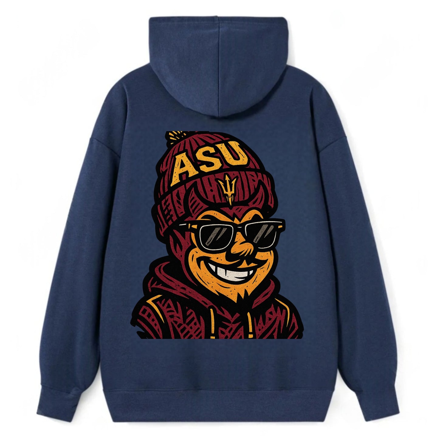 Tempe Sparky wearing Arizona State beanie with fork patch - Classic Pullover Hoodie - Navy