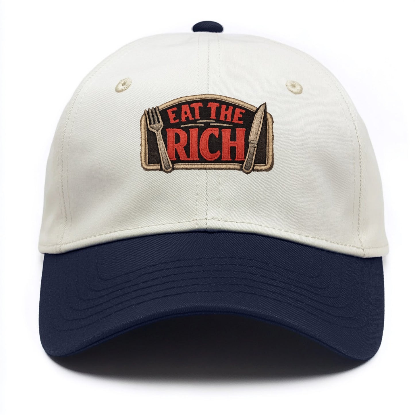 EAT THE RICH - fork and knife with text in red and silver , class war - Two Tone Cap - Navy