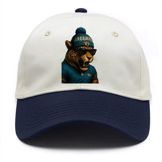 Jacksonville Jaguar wearing Jaguars teal and gold beanie with pom pom and wayfarer - Two Tone Cap - Navy