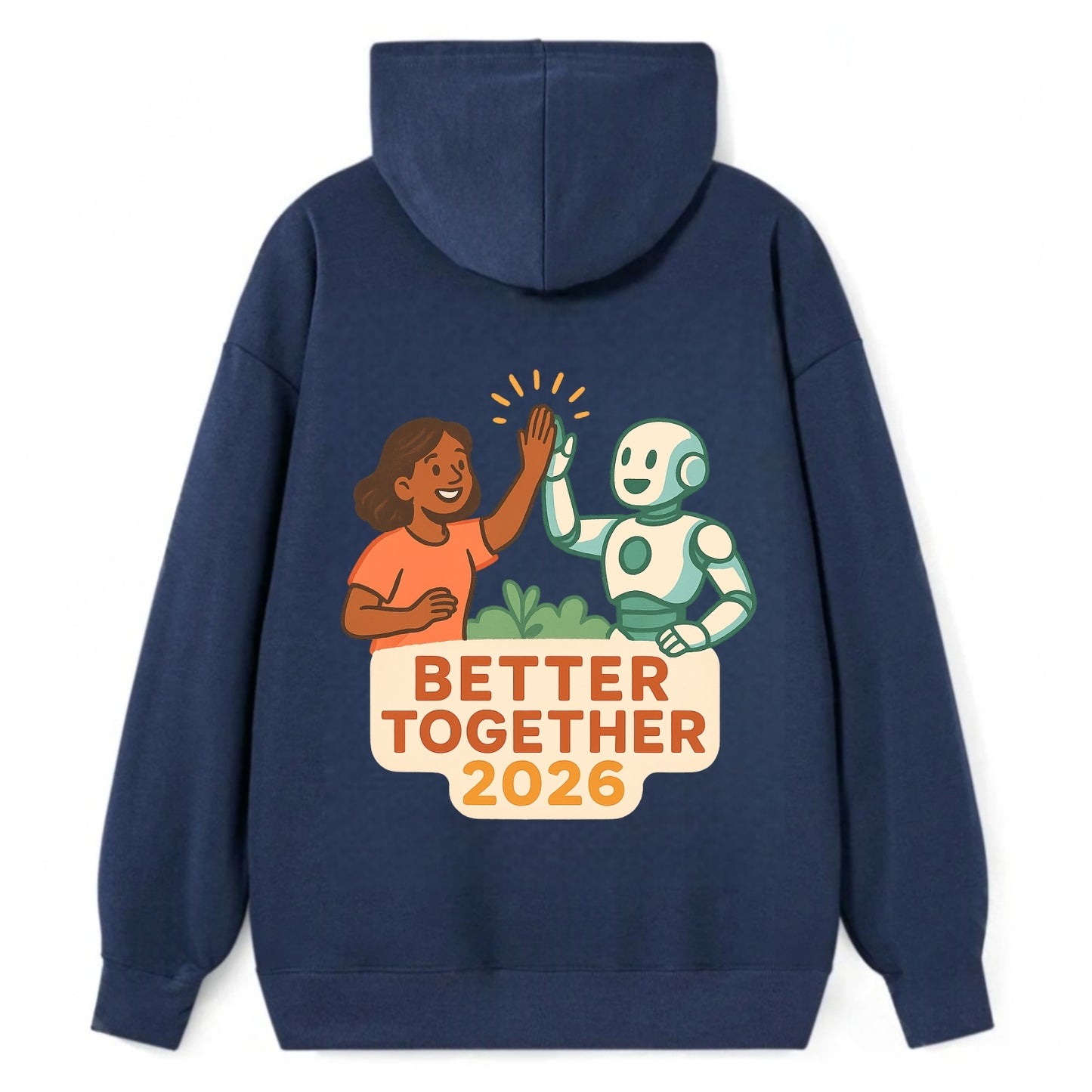 Human and AI robot high-fiving as collaborative partners - "Better - Classic Pullover Hoodie - Navy