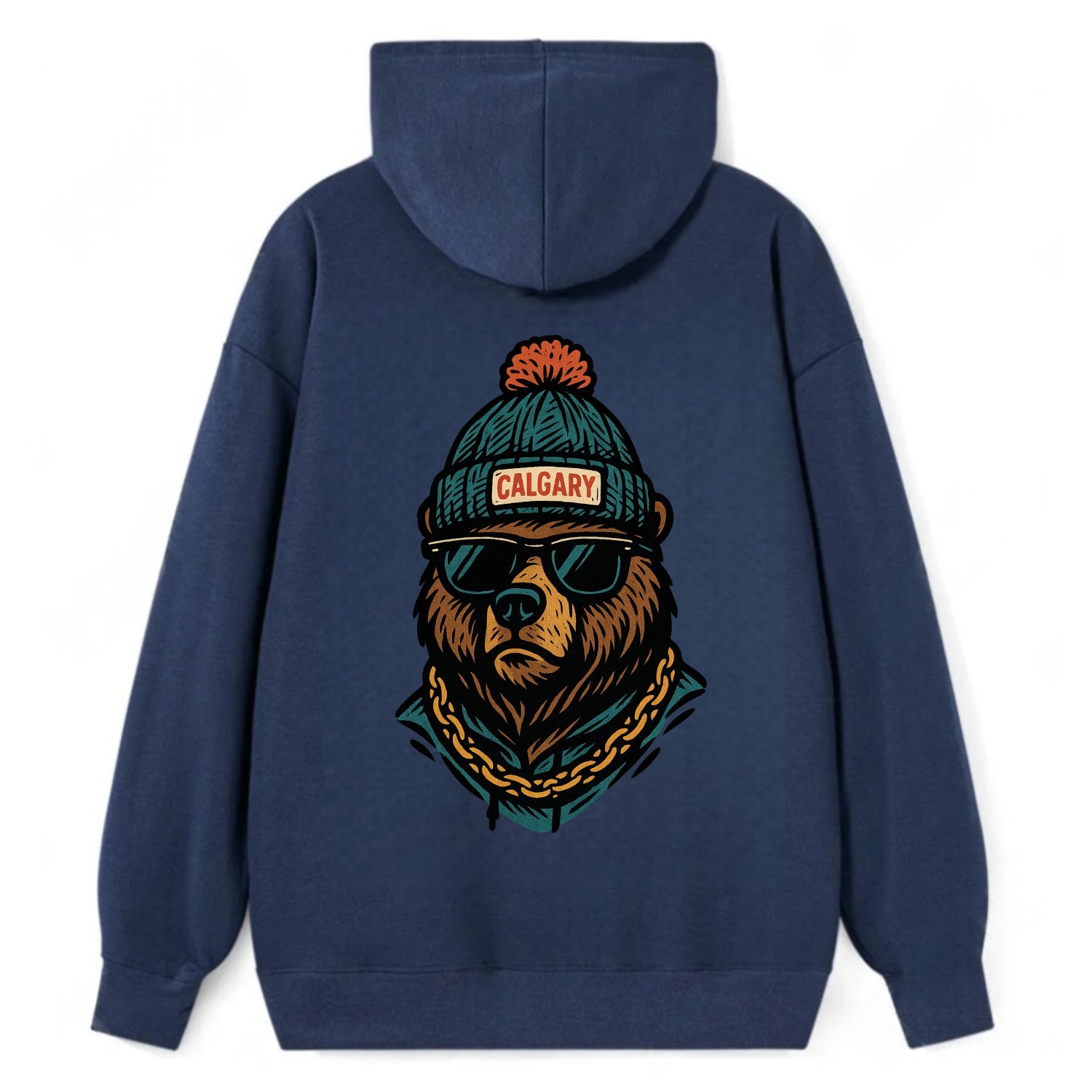 Calgary Grizzly Bear wearing Calgary beanie with pom pom and wayfarer - Classic Pullover Hoodie - Navy